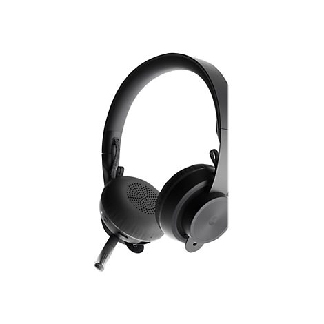 Casque noir avec microphone. L'appareil est sur fond blanc.
