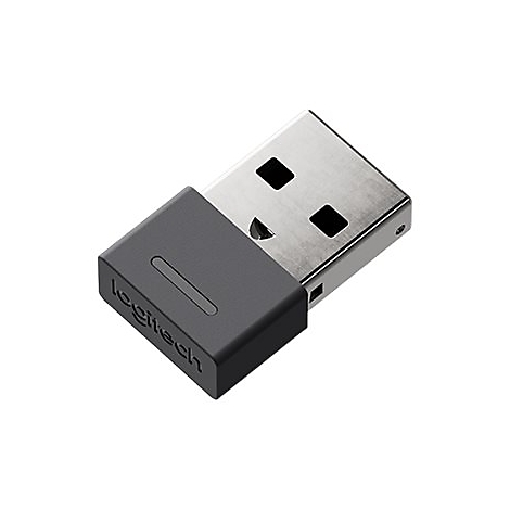 RÃ©cepteur USB sans fil Logitech. Connecteur USB gris et noir sur fond blanc.