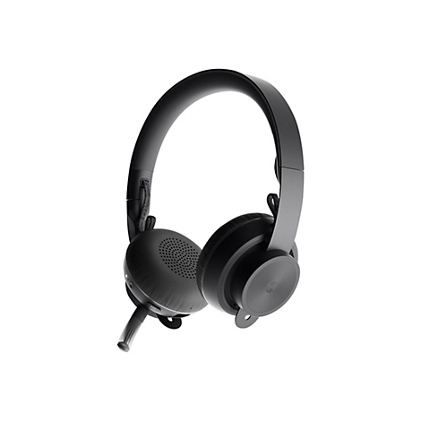 Casque sans fil noir avec microphone, sur fond blanc.
