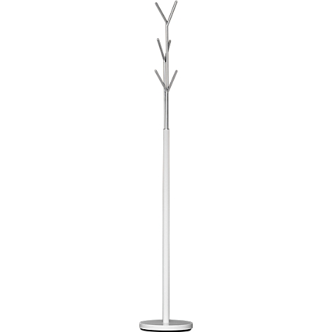 Grey coat stand, white shaft, with three hooks.