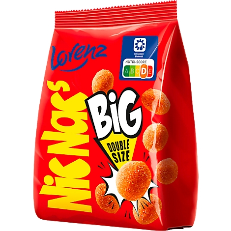 Rote Tüte mit Chips "Nic Nac's Big". Schriftzug "Big Double Size" in gelb, Snacks abgebildet. Mit Nutri-Score.