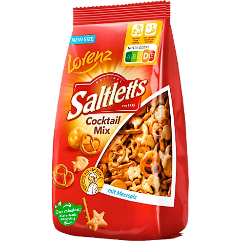 Rote Tüte mit Saltletts Cocktail Mix. Sichtfenster zeigt Snack-Mix. Text: 'mit Meersalz', 'NEW SIZE', Nutri-Score.
