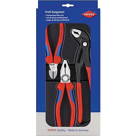 Un jeu de pinces sur fond noir dans un emballage bleu. Les pinces ont des poignées rouges et bleues et sont de la marque KNIPEX.