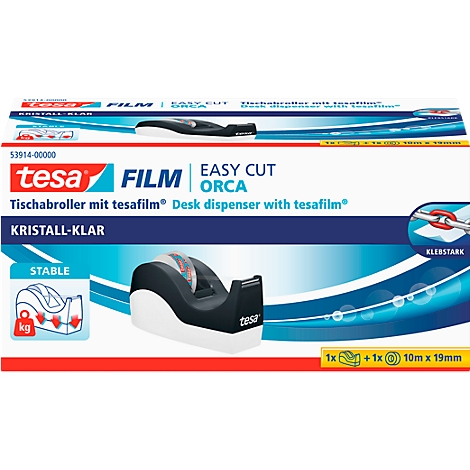 Une image du produit montre un distributeur de bureau tesafilm Orca avec tesafilm. Inscription : Cristal-clair, Easy Cut, Film. L'emballage montre des détails.