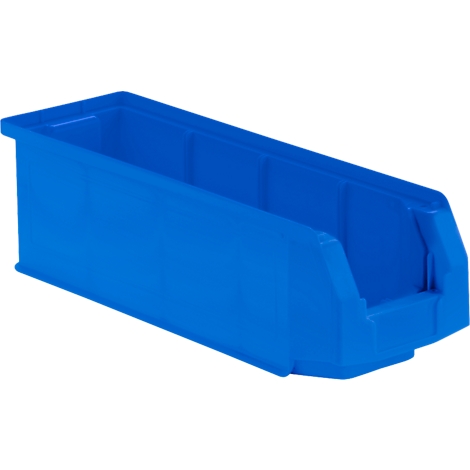 Bac de rangement en plastique bleu, à moitié ouvert.