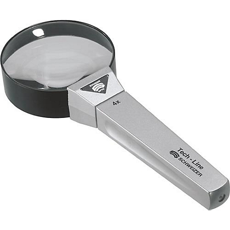 Une loupe avec un cadre noir et une poignée argentée.