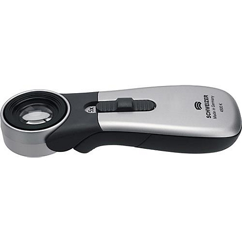Loupe avec boîtier argenté et poignée noire, marque SCHWEIZER, grossissement 5x.