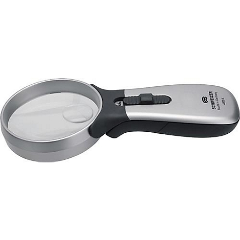 Loupe grise avec manche noir. "Schweizer Made in Germany" est écrit sur la poignée.