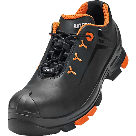 Black safety shoe with orange details. Uvex logo, laces, and sole.