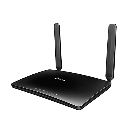 Schwarzer WLAN-Router mit zwei Antennen, Logo von TP-Link.