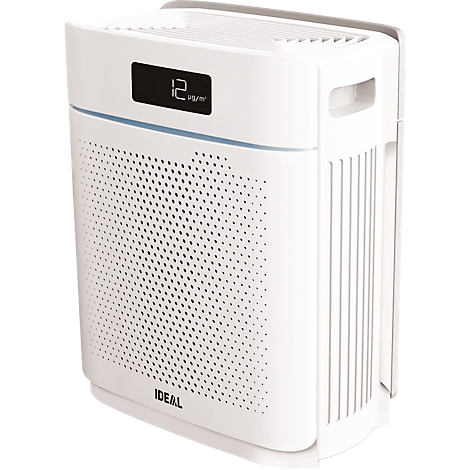 Witte luchtreiniger met display. 'IDEAL' op de voorkant. Display toont 12 µg/m³.