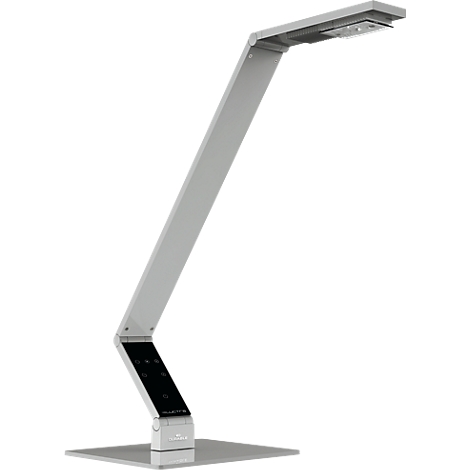 Moderne, silberfarbene LED-Schreibtischleuchte mit Touch-Bedienfeld und quadratischem Sockel.
