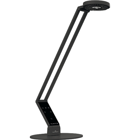 Dunkelgraue Schreibtischlampe, rund, mit verstellbaren Armen und Touchpanel.