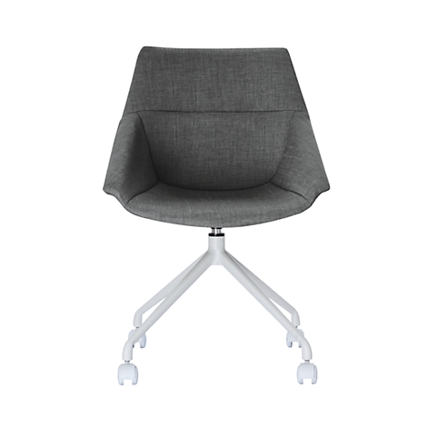 Grey office chair on white wheels, against a white background.