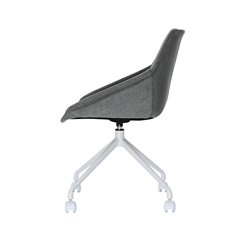 Grey office chair in profile. White castors, white frame, grey seat and backrest.