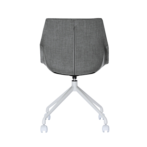 Back of a gray office chair with white legs and wheels.