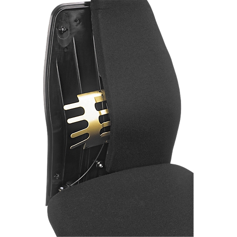 Close-up of office chair backrest, showing metal fittings and black fabric.
