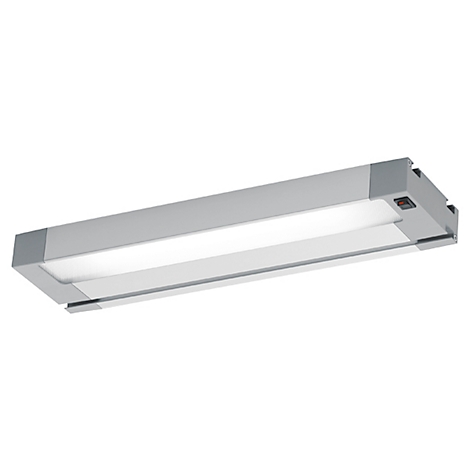 Un éclairage LED argenté oblong avec une section centrale blanche éclairée et un interrupteur marche/arrêt rouge à une extrémité.