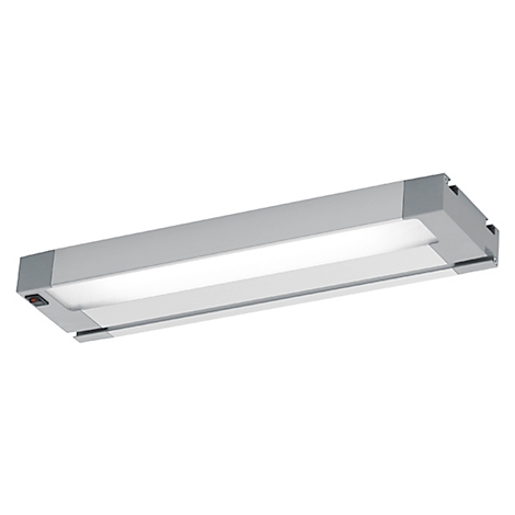 Luminaire LED rectangulaire gris, avec lumière blanche et un interrupteur marche/arrêt rouge.