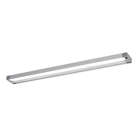Luminaire LED rectangulaire et allongé en argent sur fond blanc. Des deux côtés, une fine bande de lumière vive.