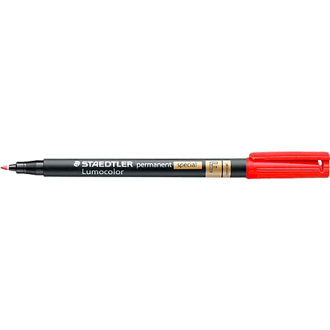 A red Staedtler Lumocolor permanent marker on a white background. Inscription: Staedtler Lumocolor permanent.