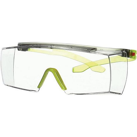 Lunettes de sécurité avec lentilles transparentes et branches jaunes.
