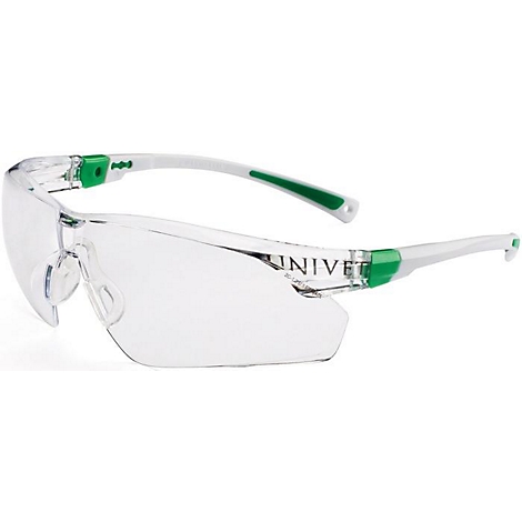 Lunettes de sécurité transparentes avec branches blanches, accents verts et lettrage UNIVET.