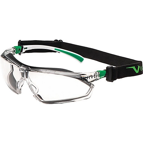 Lunettes de sécurité transparentes avec sangle noire et accents verts. Un lettrage vert "V" est visible sur la sangle.