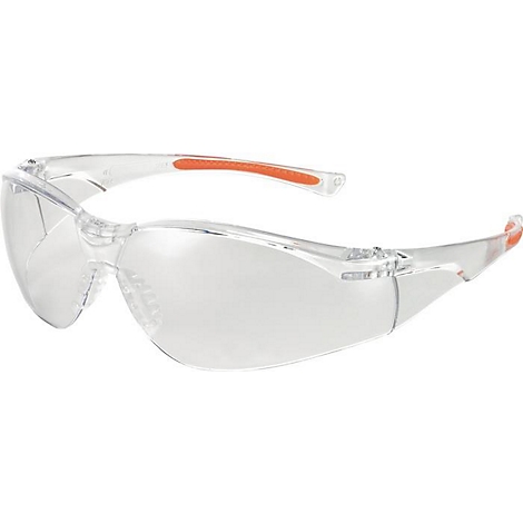 Lunettes de sécurité transparentes avec des accents orange sur les branches. La monture et les verres transparents sont clairement visibles.