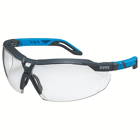 Lunettes de sécurité avec verres transparents et branches bleues. Le mot 'uvex' est visible.