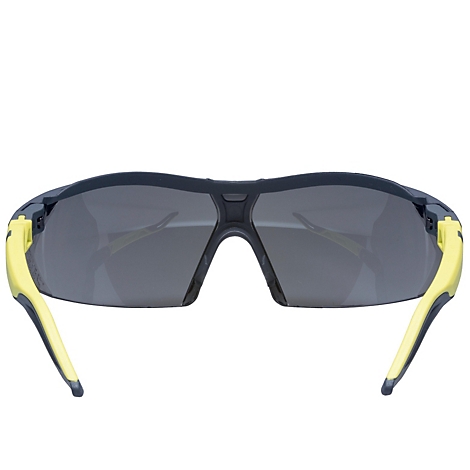 Lunettes de soleil gris foncé avec branches jaunes, photographiées d'en haut.