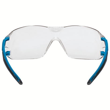 Lunettes de sécurité avec verres transparents et branches bleues.