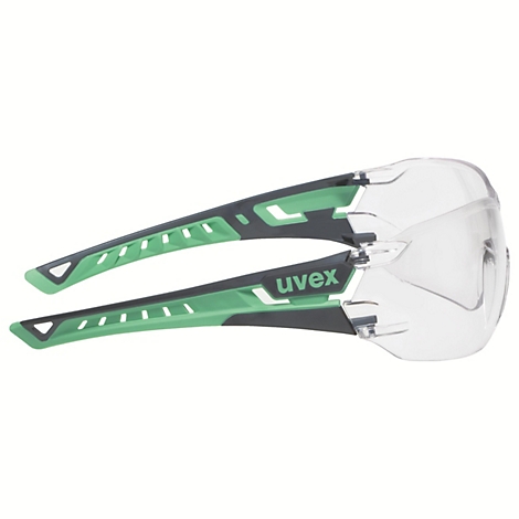 Lunettes de sécurité avec verres clairs et branches vertes, portant le logo Uvex. Accents gris.