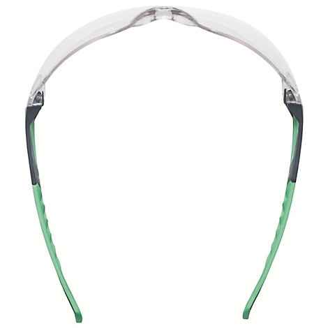 Lunettes de sécurité avec monture transparente et branches vertes, vue de dessus.