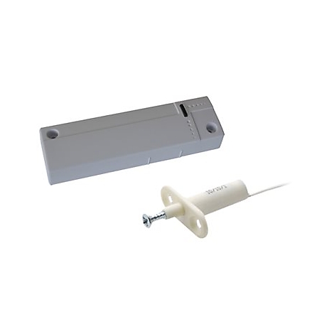 Graues, rechteckiges GehÃ¤use und weiÃŸer, zylindrischer Magnet mit Schraube, vor weiÃŸem Hintergrund.