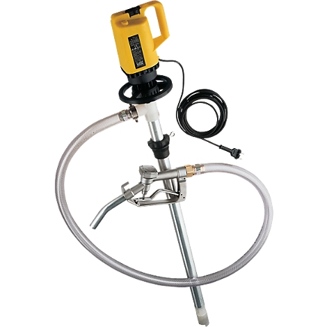 Yellow drum pump with black elements, silver pipes, and a black cable. The spout is metal.