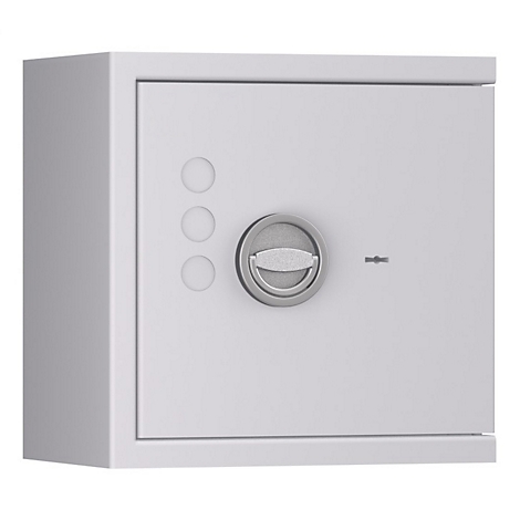 Een witte kluis met een deurgreep en drie knoppen.