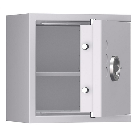 Een open, grijze kluis met twee planken. De deur is half open en onthult het interieur.