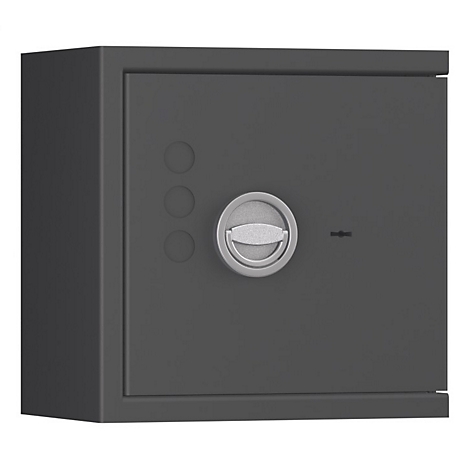 Grijze kluis tegen een witte achtergrond. Ronde knoppen aan de linkerkant en een zilveren draaihendel.