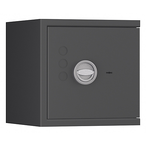 Grijze kluis, ronde knoppen, zilveren draaihendel.