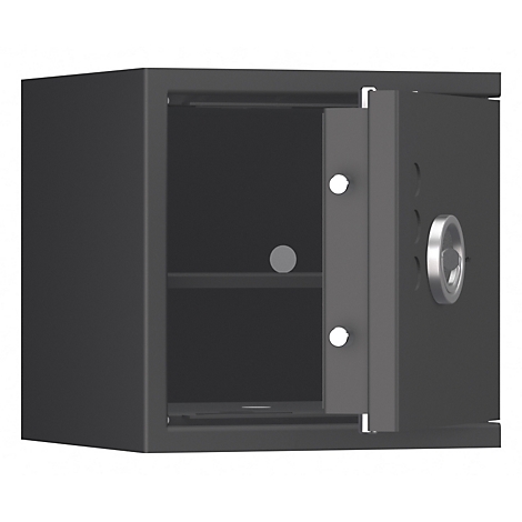 Een zwarte, open kluis. De deur staat open en toont de binnenkant met een plank.