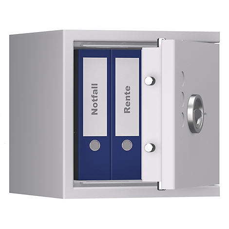 Grijze kluis, half open, twee blauwe mappen met de tekst 'Noodgeval' en 'Pensioen'.