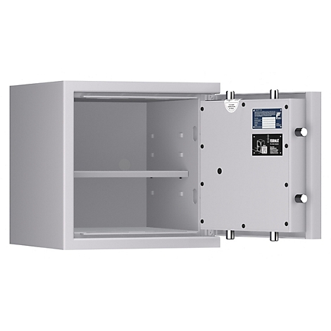 Lyra 2 safe, weerstandsklasse I volgens EN 1143-1, volume 31 l, deur rechts scharnierend, dubbelbaard slot met 2 sleutels, 1 legbord, incl. verankeringsmateriaal, B 400 x D 420 x H 405 mm, lichtgrijs RAL 7035