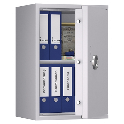 Open stalen kast met blauwe mappen met de opschriften "Verzekering", "Stamboek" en "Belastingdienst".