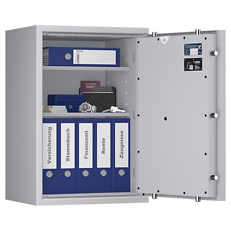 Grijze kluis, open deur, gevuld met mappen en waardevolle spullen. Labeling van de mappen: Verzekering, stamboek, belastingkantoor, pensioen, certificaten.