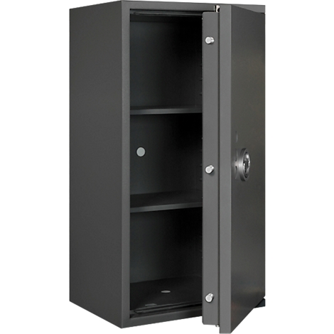 Grijze kluis met open deur, interieur met twee planken.