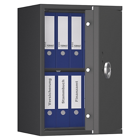 Een geopende kluis met blauwe mappen. Op de mappen staan de termen 'Verzekering', 'Stamboek' en 'Belastingdienst'.