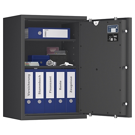 Open grijze kluis met blauwe mappen en documenten. Labels: Verzekering, Stamboek, Belastingkantoor, Pensioen, Certificaten.