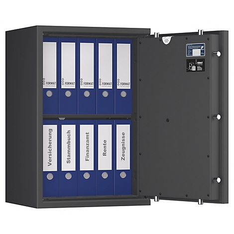 Open kluis met ordners. Op de mappen staan termen als "verzekering", "belastingkantoor" en "certificaten".