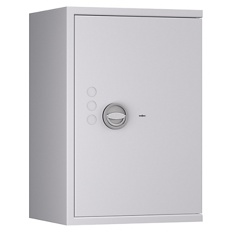 Grijze kluis op een neutrale achtergrond. Het heeft een zilveren draaislot en drie ronde knoppen.